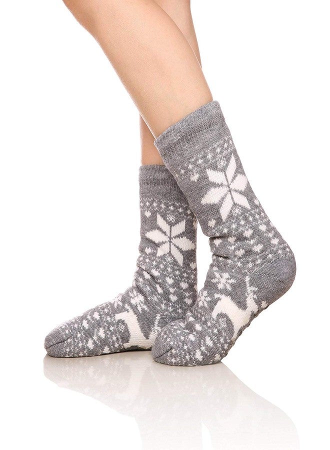 FRALOSHA Fuzzy Warm Slipper Socks Women Winter floor Socks Super Soft lined with Grippers reading Socks Cozy Sleeping Reindeer Sock (Grey) - Image 2